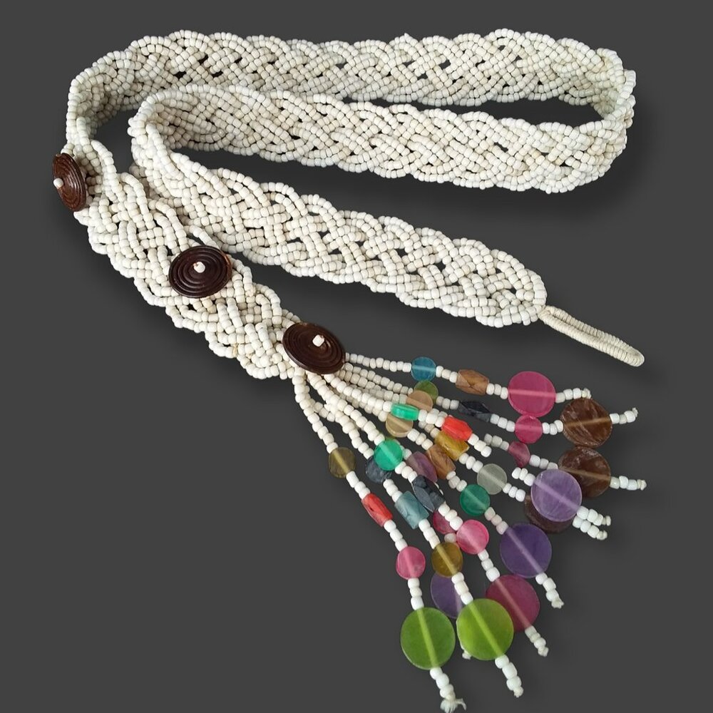 Beaded Braided Belt Antique White Size 32-38in Colorful Tassel Boho Bohemian